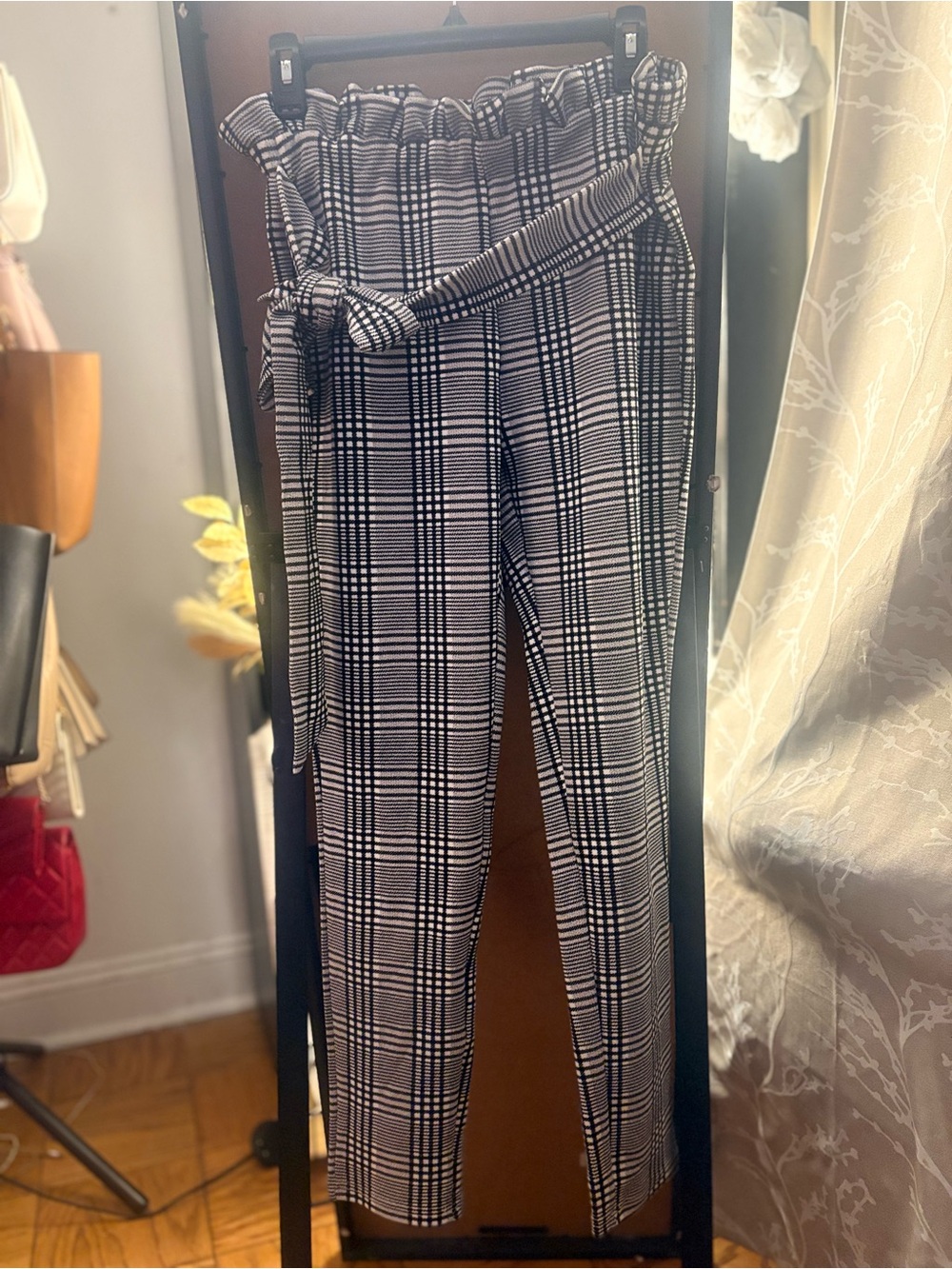 SHEIN Black & White Plaid Trousers with Belt